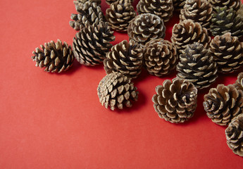 Pine cones arranged on a bright red background forming an autumn themed page border