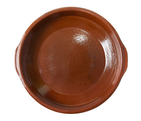 A terracotta serving dish isolated on a white background