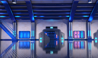 Fototapeta premium 3d render of Sci-Fi hangar blue interior background illuminated with blue neon lights