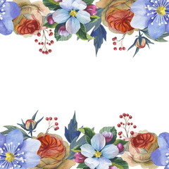 Fototapeta premium Wildflower myosotis flower frame in a watercolor style isolated. Full name of the plant: forgetmenot, myosotis. Aquarelle flower could be used for background, texture, pattern, frame or border.