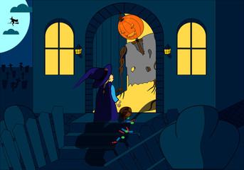Halloween Illustration. Frightened girl in witch costume and jack-o-Lantern. The dark night, the full moon, graveyard. Vector background.