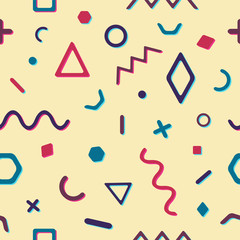 Vector seamless retro comic memphis pattern with geometric elements. Chaotic trendy geometry in minimalistic flat style. Suitable for posters, covers, prints.