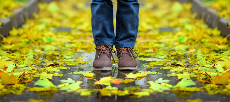 feet men shoes on merit in a puddle on the path strewn with yellow autumn maple leaves