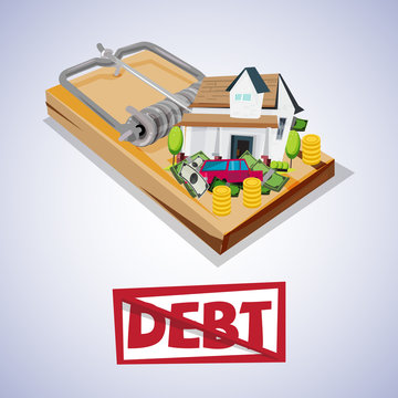 House And Car With Money On Trap. Debt Trap Concept