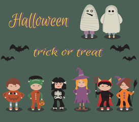 Happy Halloween. Trick or Treat. Kids in halloween costumes. Vector illustration of a flat design