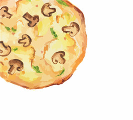 Isolated watercolor pizza on white background. Tasty italian snack or street food. Italian cuisine. Pizza with mushrooms.