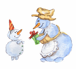 Isolated watercolor snowmen