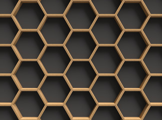 Wooden hexagon shelf pattern on dark background
