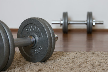 Obraz na płótnie Canvas Dumbbells on the wooden floor, equipment for fitness 