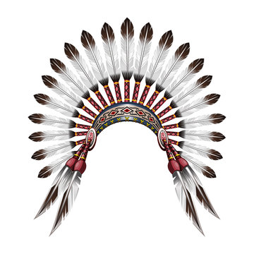 Native American Indian headdress. Red indian tribal chief headdress with feathers. Feather headdress. Vector colorful illustration isolated on white background