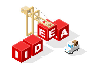 Isolated Creative Red Block Word " Idea " on White Background. Construction Concept. Vector Illustration.