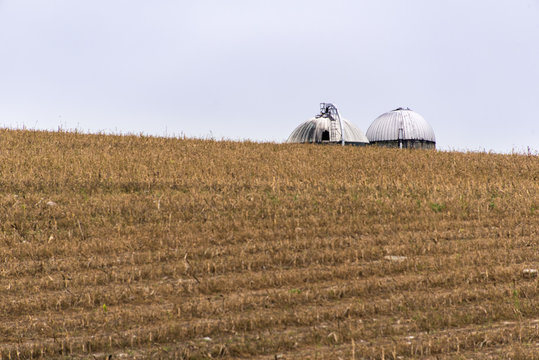 harvested corn field with tops of silos in background