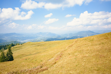 Top of the hill in Carpathian mountains. Beautiful blue sky with clouds in the background. Summer time.