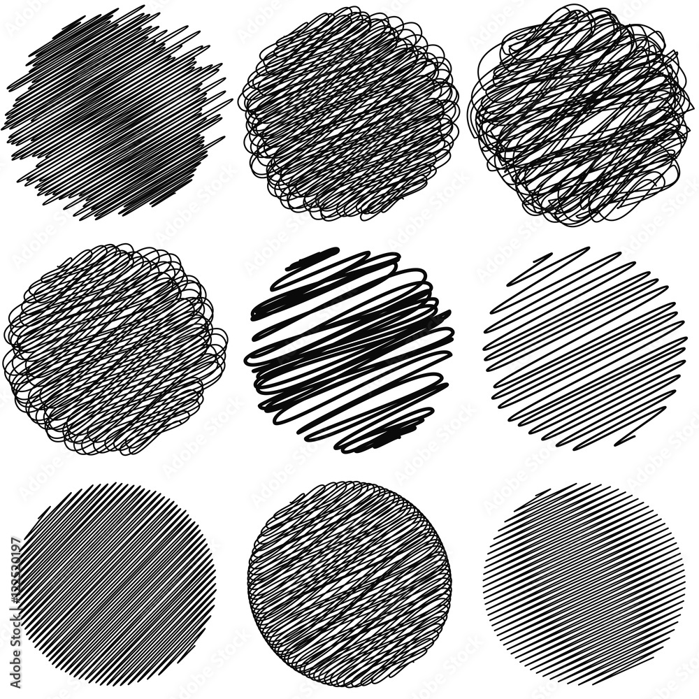 Aufkleber Set of Doodle circles irregular lines drawn with a pen or pencil in a circle, complex geometric shapes created using calligraphy pen with ink, vector Doodle for print or website design