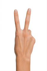 Fototapeta premium Isolated Empty open woman female hand in position of Peace Sign and Number Two on a white background