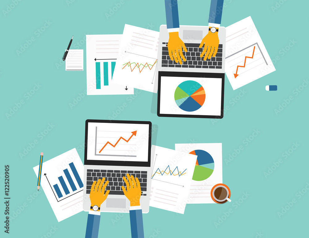 Poster flat vector business investment and finance banner concept and paper graph report