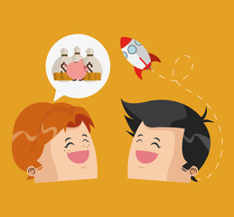 Businessman cartoon rocket and money icon. Business strategy solution and work theme. Colorful design. Vector illustration