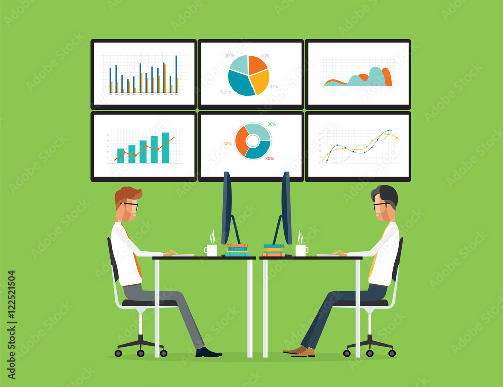 Aufkleber flat vector two business people analytics graph report on monitor dashboard and business working concept