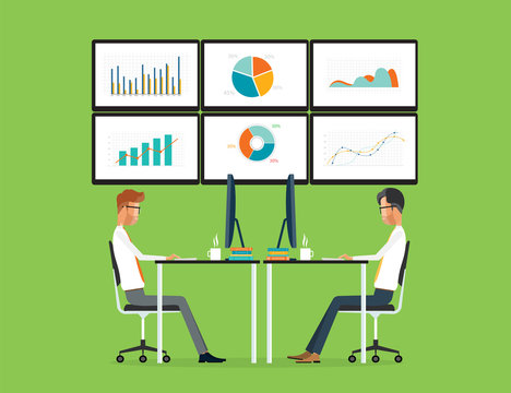flat vector two business people analytics graph report on monitor dashboard and business working concept