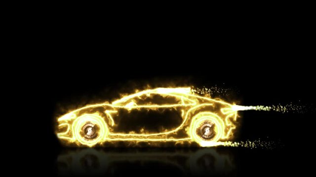 Abstract animation of golden futuristic super car made with light beam wireframes on black isolated futuristic background. Automobile car and aerodynamic car motion design engineering technology 4k. 
