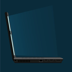 Open laptop vector illustration with bright screen on blue background. Laptop side view.