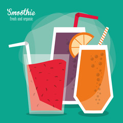 Smoothie drink and orange fruit. Summer fresh and organic theme. Colorful design. Vector illustration