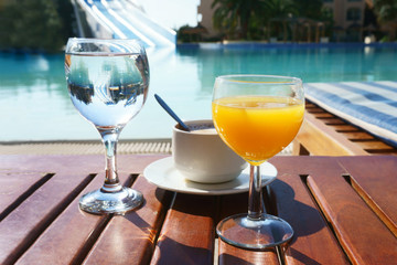 cup of coffee, water and juice