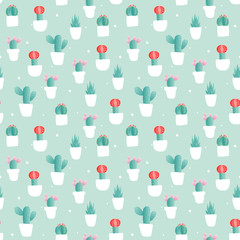 Cactus flower vases seamless pattern