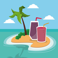 Smoothie drink and island with palm tree icon. Summer fresh and organic theme. Colorful design. Vector illustration