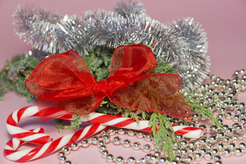christmas decoration- red bow,sweets and silver baeds