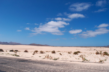 Fototapeta na wymiar Fuerteventura, Isole Canarie: le dune di sabbia del parco naturale di Corralejo il 31 agosto 2016: 11 chilometri di dune formatesi dalla sabbia del Sahara portata dal vento