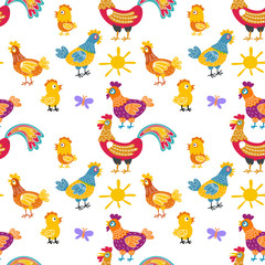 Vector fun chickens seamless pattern background with hand drawn farm birds.