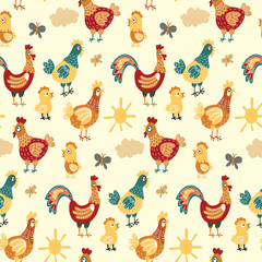 Vector fun chickens seamless pattern background with hand drawn farm birds.
