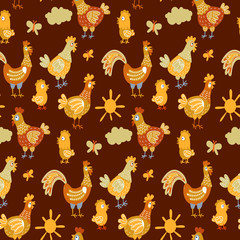 Vector fun chickens seamless pattern background with hand drawn farm birds.
