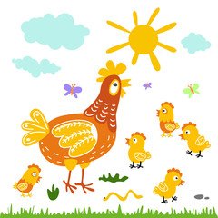 Funny vector cartoon colorfull hen and chicks isolated background