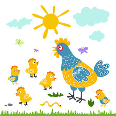 Funny vector cartoon colorfull hen and chicks isolated background