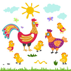 farm birds family cartoon flat illustration. rooster hen chicken isolated on white background