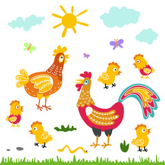 farm birds family cartoon flat illustration. rooster hen chicken isolated on white background
