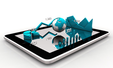 Modern financial instruments (graphs, charts and Earth globe) on a tablet screen. 3d rendering