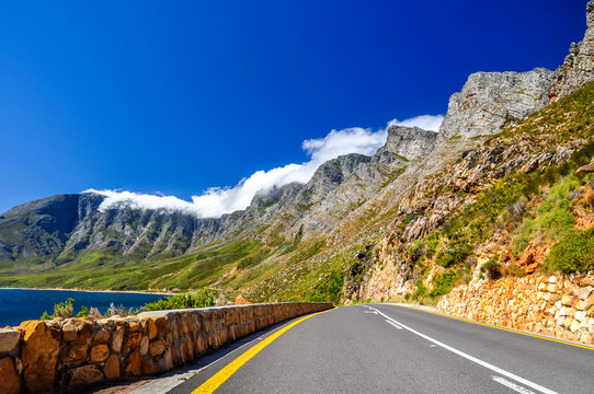 Beautiful mountain scenery along Route 44 in the Western Cape province of South Africa. Located in the eastern part of False Bay near Cape Town between Gordon's Bay and Pringle Bay.