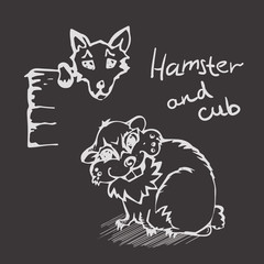 white Linear hand drawn Hamster And Cub on black