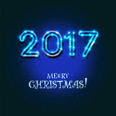 Fototapeta na wymiar New Year 2017 design. Vector neon figures with lights. Greeting card background. Merry Christmas.