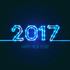 New Year's design. 2017 the year of fire rooster.Vector neon figures with lights. Greeting card background.