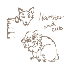 Fototapeta na wymiar Linear hand drawn Hamster And Cub on white background