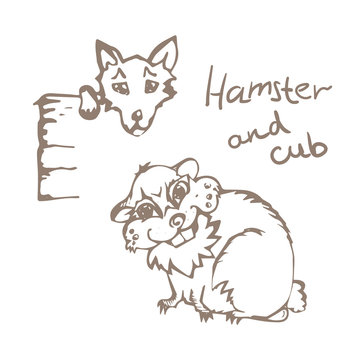 Linear hand drawn Hamster And Cub on white background