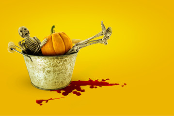 skeleton and pumkin in bucket