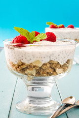 Chia yogurt with raspberries on blue background

