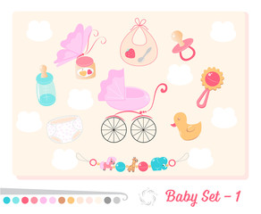 Vector set of baby toys and objects in flat design style