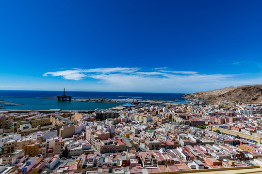 View of Almeria (Almer&iacute;a) old town and port from the castle (Alcazaba of Almeria), Spain