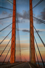 View on Oresund bridge between Sweden and Denmark at sunset